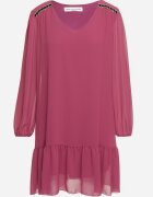  Rochie Violet cu Viscoză Croi Simplu cu Mâneci Bufante și Volan la Bază Ilila