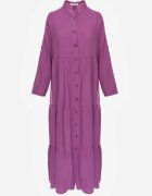  Rochie Violet Evazată Maxi din Bumbac Stil Cămașă Onecca