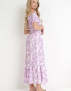  Rochie Violet Florală Spaniolă Maxi cu Elasticuri încrețite Ebothia