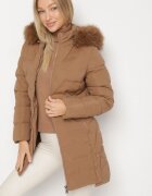 romee's Geacă Matlasată De Iarnă Maro Cu Glugă Cu Blană și Capse Laterale Zenilda