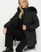 romee's Geacă neagră matlasată cu glugă cu blană și cu manșete elastice la mâneci Dacce