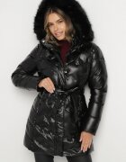 romee's Jachetă Neagră Matlasată cu Glugă Detașabilă și Blană și Centură Olenessa