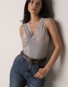 romee's Top de lenjerie gri închis din bumbac cu plasă și dantelă în partea superioară Bervisa
