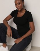 romee's Tricou Negru Striat Decorat pe Laterale cu Încrețituri Nedisa