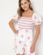 rosa Bluză Alb-Fucsia din bumbac cu umerii goi cu broderii decorative Merafina