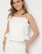 rosa Bluză Albă De Bumbac Decorată Cu Franjuri Volănaș Și Broderii Milorea