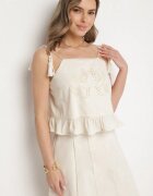 rosa Bluză Bej de Bumbac Decorată cu franjuri volane și broderii Milorea