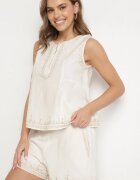 rosa Bluză bej deschis din bumbac fără mâneci cu bască și broderie Koritara