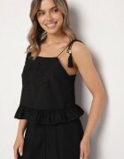 rosa Bluză Neagră de Bumbac Decorată cu Franjuri Volan și Broderii Milorea