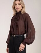 rosa Bluză oversize din șifon cu pliuri și guler înalt cu tip cravată Cornnella Maro