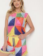 rosa Bluză Roz-galbenă din bumbac ajurată cu motiv geometric Tiloma