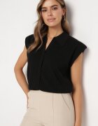 rosa Bluză Vestă Neagră cu Guler polo și Umeri subliniați Naledia