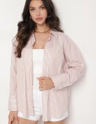 rosa Cămașă Bej din bumbac Oversize cu dungi Decorată cu fir metalic Paserella