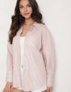 rosa Cămașă Bej din bumbac Oversize cu dungi Decorată cu fir metalic Paserella