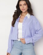 rosa Cămașă Clasic Albastră în dungi Decorată cu buzunare și zirconii Zandrea