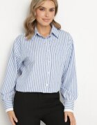 rosa Cămașă Clasică Albastră în Dungi cu Nasturi cu Zirconii Delfea