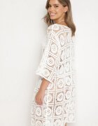 rosa Cardigan Alb de Bumbac cu Model Ajurat și Legătură Halionna