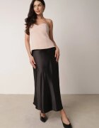 rosa Fustă Cloș Midi Neagră Din satin Cu fermoar Cu elastic în talie Williwarne
