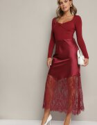 rosa Fustă de Satin Bordeaux Decorată cu Dantelă Milori