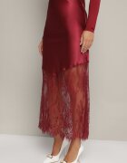 rosa Fustă de Satin Bordeaux Decorată cu Dantelă Milori