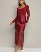 rosa Fustă de Satin Bordeaux Decorată cu Dantelă Milori