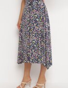 rosa Fustă Midi Bleumarin-Galbenă din Viscoză cu Imprimeu Floral cu Cordon din Material Omona