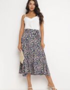 rosa Fustă Midi Bleumarin-Galbenă din Viscoză cu Imprimeu Floral cu Cordon din Material Omona