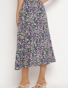 rosa Fustă Midi Bleumarin-Galbenă din Viscoză cu Imprimeu Floral cu Cordon din Material Omona