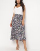 rosa Fustă Midi Bleumarin-Galbenă din Viscoză cu Imprimeu Floral cu Cordon din Material Omona