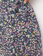 rosa Fustă Midi Bleumarin-Galbenă din Viscoză cu Imprimeu Floral cu Cordon din Material Omona