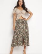 rosa Fustă midi neagră și galbenă din viscoză cu imprimeu floral cu curea din material Omona
