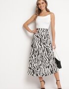 rosa Fustă Neagră de Satin Midi cu Dungi Abstracte Zebră Ruade