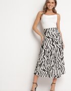 rosa Fustă Neagră de Satin Midi cu Dungi Abstracte Zebră Ruade