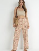 rosa Pantaloni Bej Larghi din Bumbac cu Imprimeu Fantezie Miia