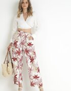 rosa Pantaloni Bej și Roșii Largi cu Talie Înaltă și Elastic în Talie din Bumbac Eliphne
