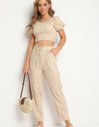 rosa Pantaloni din bumbac cu elastic în talie și croială dreaptă Bej Olalla