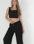 rosa Pantaloni Negri Netezi cu Elastic în Talie și cu Crăci Largi Alathera