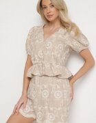 rosa Pantaloni scurți Bej din Bumbac cu Croială Largă cu Broderie Florală Velriza