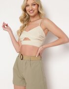 rosa Pantaloni scurți Bermuda Verzi din bumbac cu talie înaltă decorați cu curea împletită și cataramă închiși cu fermoar și nasture Fannesa