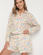 rosa Pantaloni scurți din bumbac bej decorați cu motiv floral Nilandra