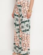 rosa Pantaloni Verde-Bej Largi cu Model Abstract din Viscoză Averina