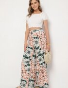 rosa Pantaloni Verde-Bej Largi cu Model Abstract din Viscoză Averina