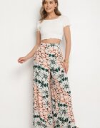 rosa Pantaloni Verde-Bej Largi cu Model Abstract din Viscoză Averina