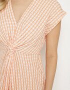 rosa Rochie Ajurată Portocalie cu Viscoză Decorată cu Volane Nelsedi