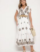 rosa Rochie Alb-Negru din Vâscoză cu curea cu imprimeu ornamental Nilorine