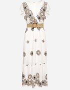 rosa Rochie Alb-Negru din Vâscoză cu curea cu imprimeu ornamental Nilorine