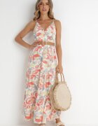 rosa Rochie Alb-Portocalie cu curea Barrett