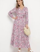 rosa Rochie Alb-Roz din viscoză cu decolteu petrecut și curea din material cu elastic în talie Fiarina