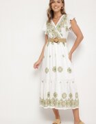 rosa Rochie Alb-Verde din Viscoză cu Curea cu Model Ornamental Nilorine