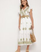 rosa Rochie Alb-Verde din Viscoză cu Curea cu Model Ornamental Nilorine